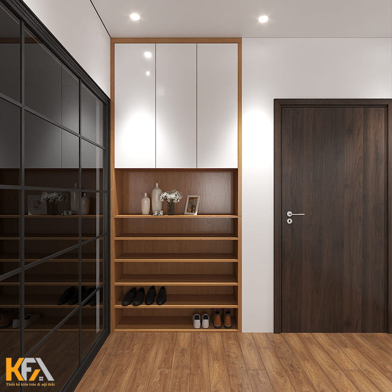 Bố trí tủ gỗ đa năng âm tường cạnh cửa chính căn hộ