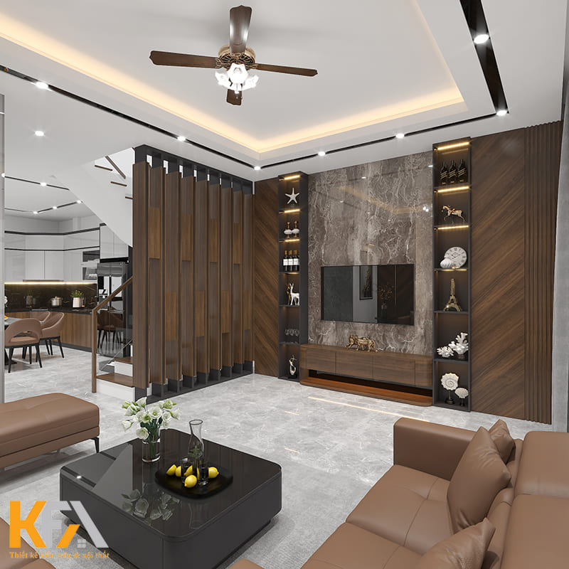 Vách ngăn phòng khách và bếp thiết kế mở, kết hợp chất liệu nhựa và gỗ