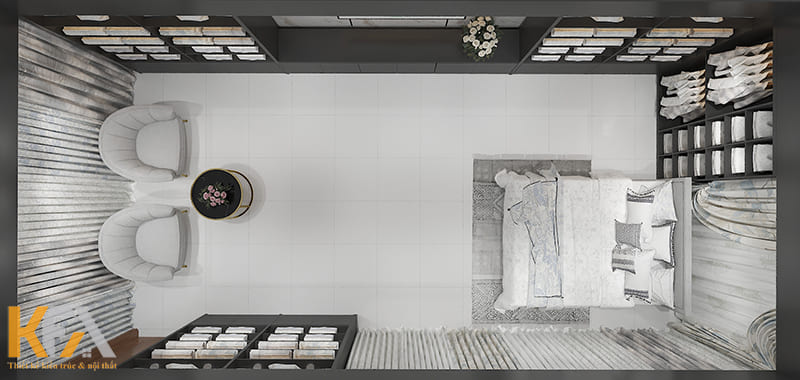 Tổng quan không gian showroom vải 34m2 của chị Hân