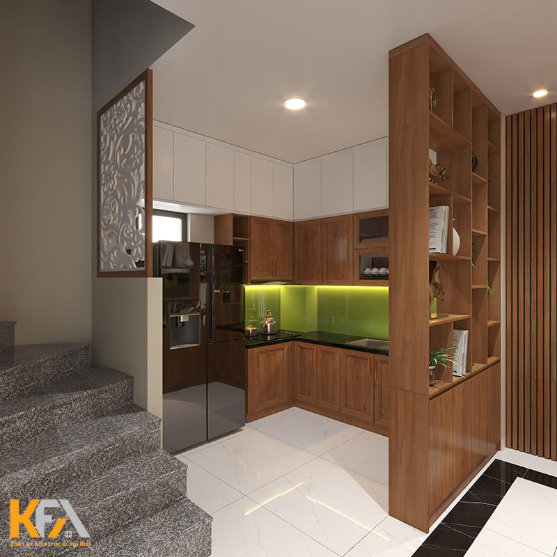 Thiết kế tủ bếp chữ L kịch trần với 3 dãy tủ