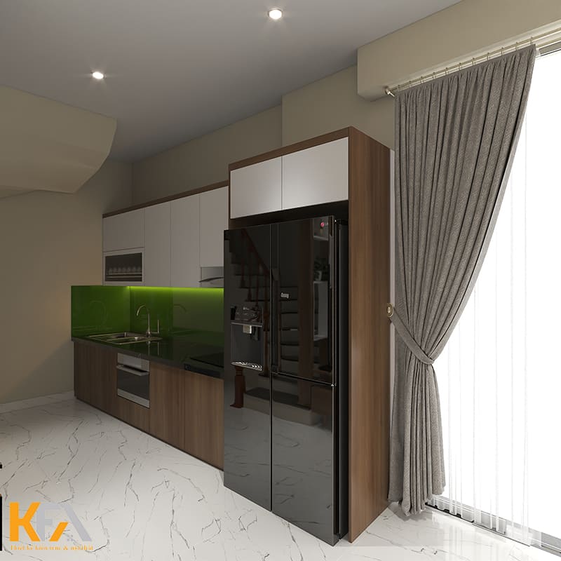 Phòng bếp nhà chị Hậu được thiết kế khá đơn giản, tủ bếp chữ I