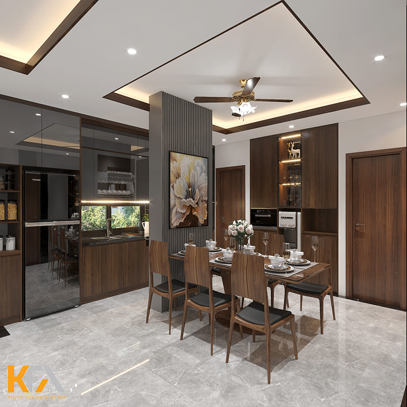 Thiết kế vách ngăn giữa khu vực bếp nấu và bàn ăn