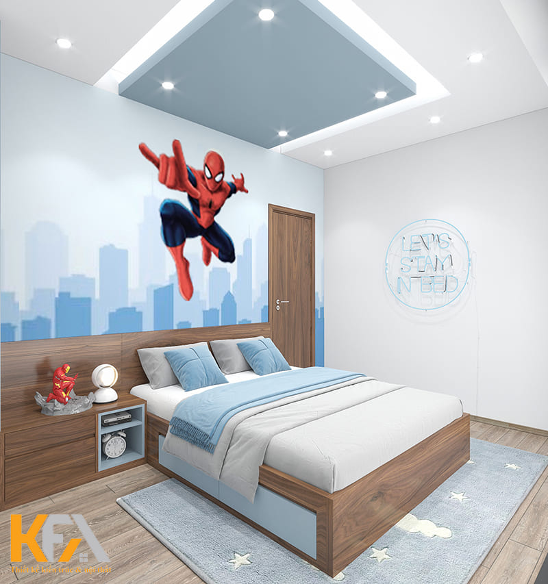Điểm nhấn đầu giường với hình ảnh người nhện mà cậu bé yêu thích