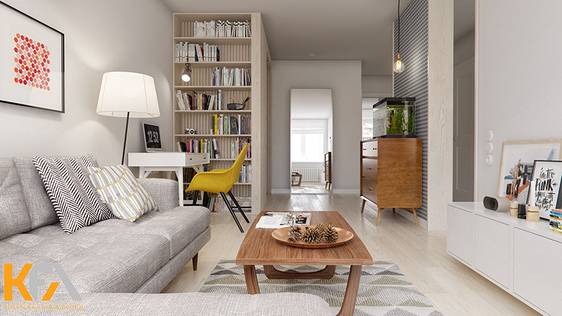 Các gam màu được kết hợp một cách linh hoạt, bàn trà và tủ gỗ trang trí tạo cảm giác gần gũi