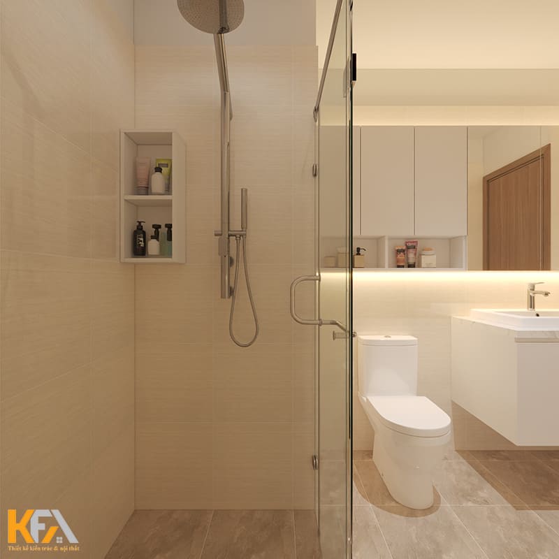 Sử dụng vách ngăn kính cường lực giúp phòng tắm được phân chia không gian hiệu quả