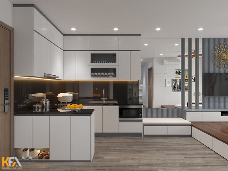 Tủ bếp chữ L được thiết kế liền với tủ giày ở phía ngoài