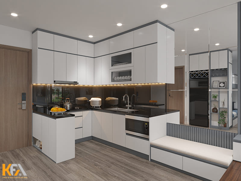 Tủ bếp chữ L kết hợp với tủ giày đa năng