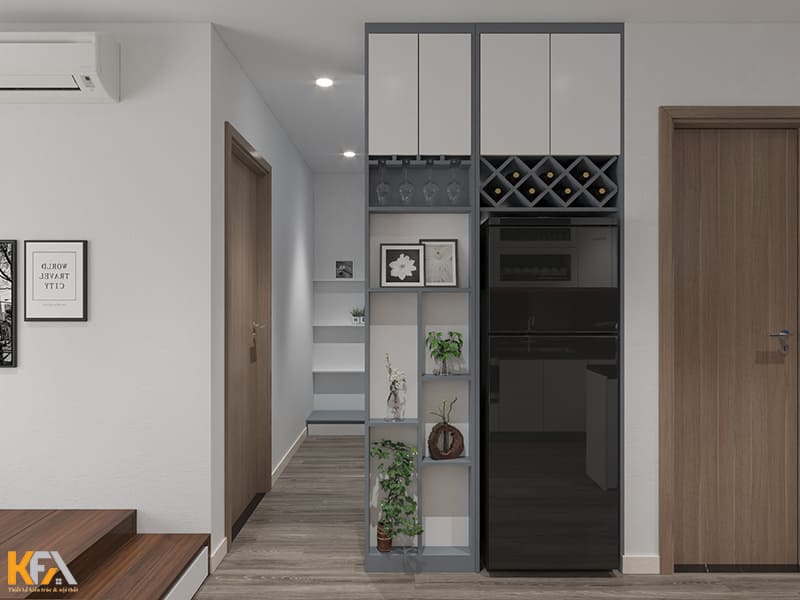 Một chiếc tủ kịch trần đa năng vừa là tủ rượu, vừa là tủ trang trí, vừa là khuôn tủ lạnh