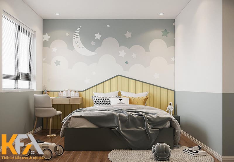 Phòng ngủ trẻ em thứ nhất với diện tích rộng rãi, họa tiết sinh động