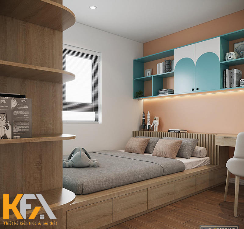 Màu sắc trẻ trung kết hợp với tủ, kệ gỗ công nghiệp hiện đại mang đến sự thanh thoát cho căn phòng