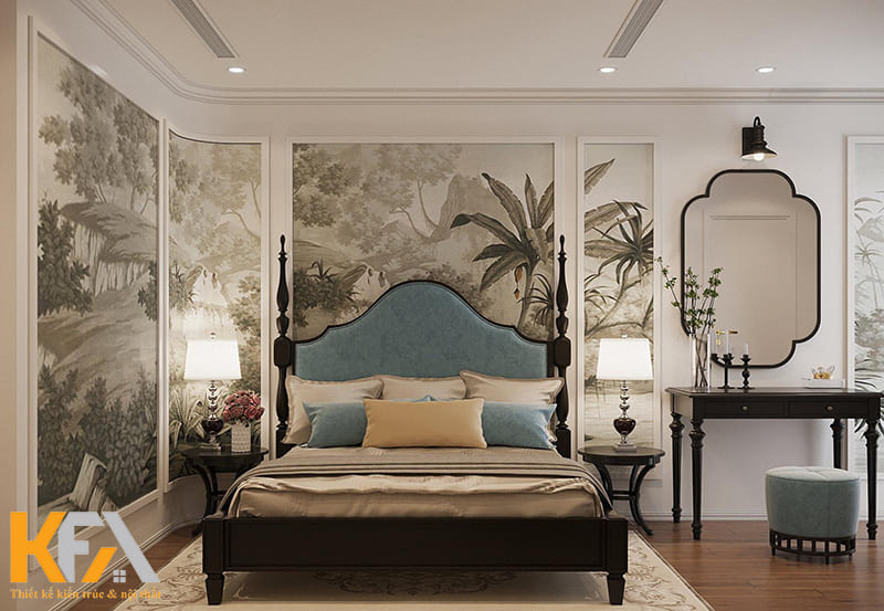 Vẻ đẹp phòng ngủ kết hợp phong cách Indochine và Tropical với họa tiết cây cối xanh tươi