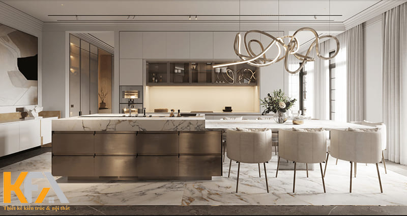 Chiếc đèn thả kiểu dáng độc lạ càng tôn lên gu thẩm mỹ đẳng cấp của gia chủ