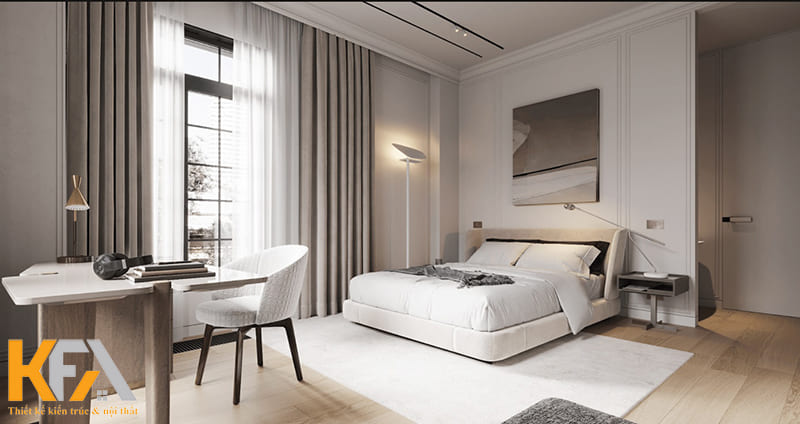 Phòng ngủ tuy lớn nhưng không lạm dụng quá nhiều nội thất mà tập trung và công năng chính