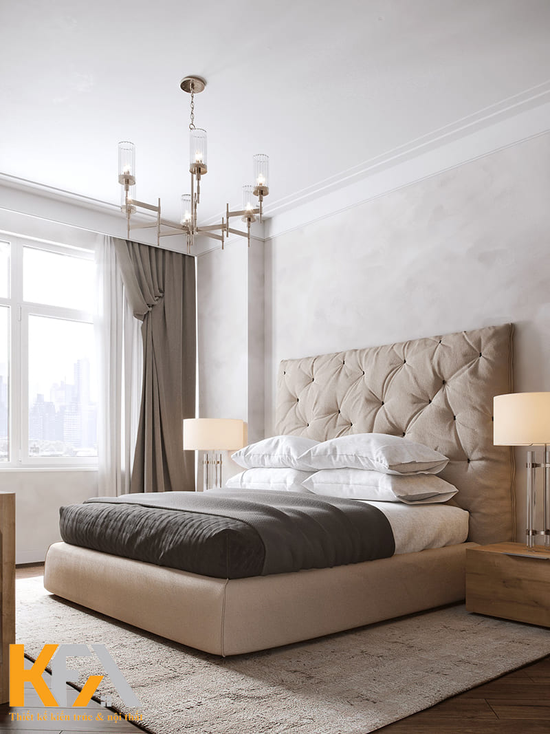 Phía đầu giường là thiết kế dạng đệm vừa có công dụng trang trí, tránh phần đầu bị va chạm với tường