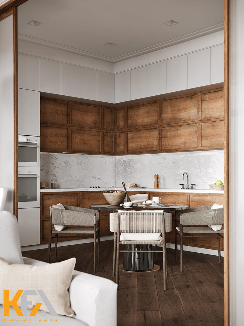 Phòng bếp mộc mạc và đơn giản với 2 gam màu trắng-nâu