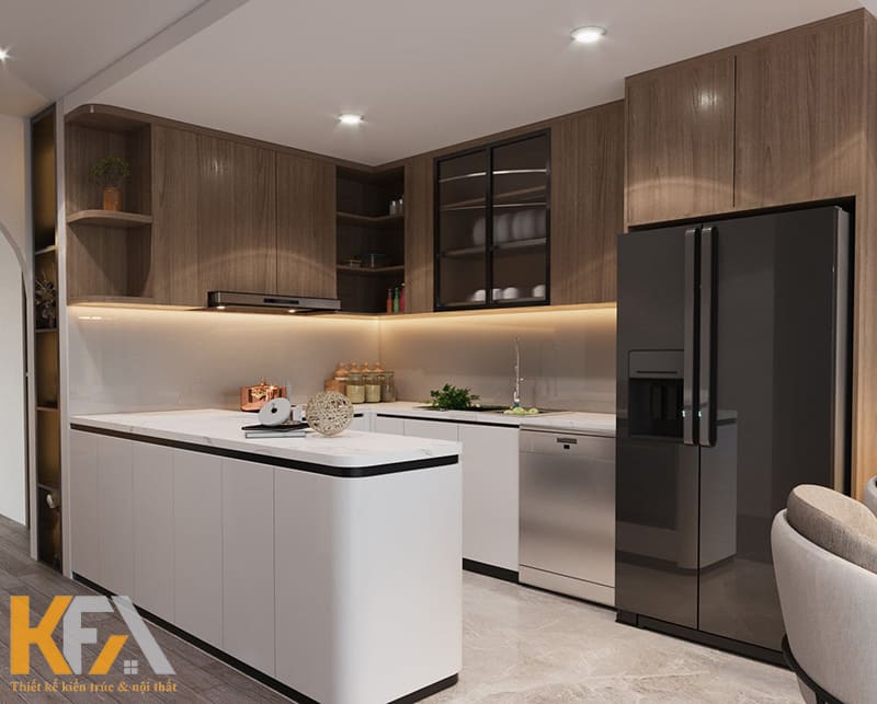 Quầy bếp chữ U kết hợp tủ bếp dưới gam màu trắng và tủ bếp trên màu nâu gỗ gần gũi