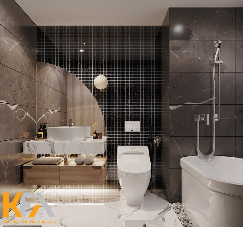 Phòng tắm hiện đại được trang bị đầy đủ nội thất, đá ốp tường kẻ ô màu đen huyền bí