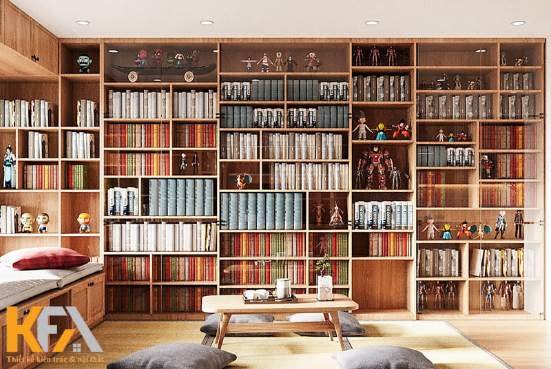 Giá sách đồng thời và tủ trưng bày đồ trang trí, trông giống như một thư viện