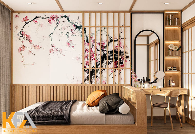 Phòng ngủ được trang trí giấy dán tường họa tiết hoa anh đào đặc trưng của Nhật Bản