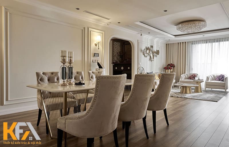 Bộ bàn ăn bọc nỉ cao cấp sang trọng trong că hộ chung cư tân cổ điển