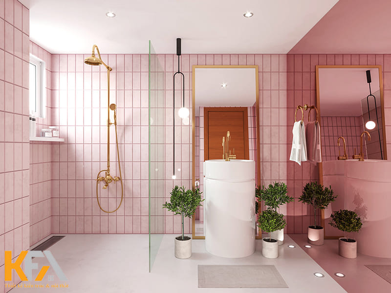 Phòng tắm sang trọng với phụ kiện kim loại ánh vàng