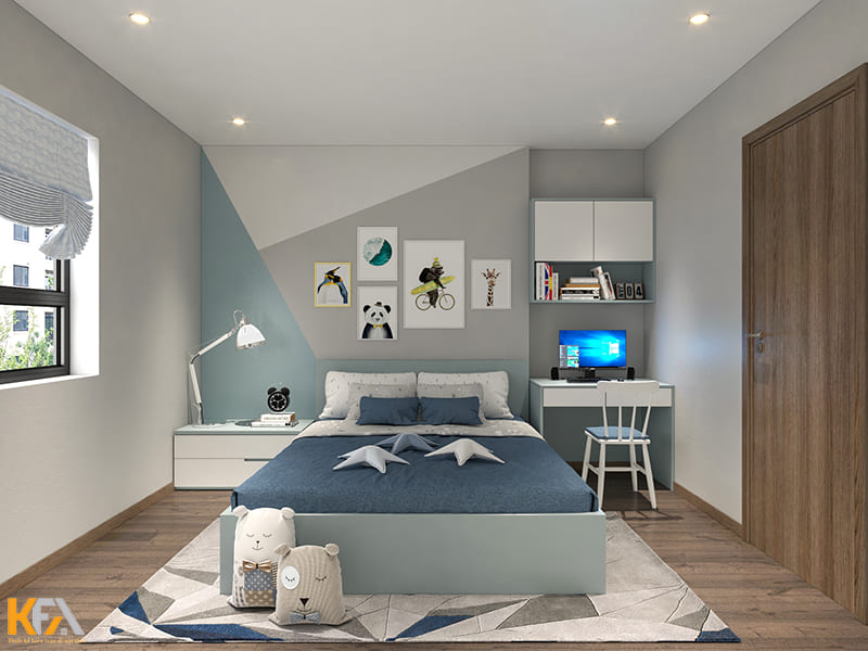 Phòng ngủ bé sai được ưu tiên thiết kế gam màu xanh dương năng động