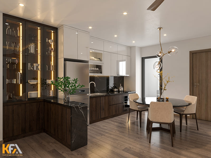 Tủ bếp dưới và tủ rượu được làm từ chất liệu gỗ Óc chó cao cấp