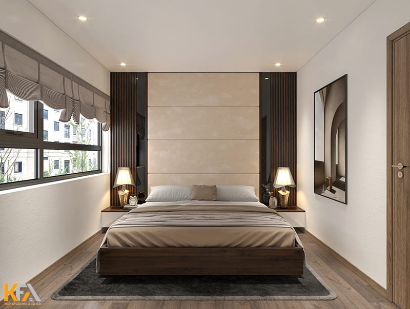 Phòng ngủ với những gam màu trầm nhã nhặn tạo cảm giác thư giãn cho người dùng