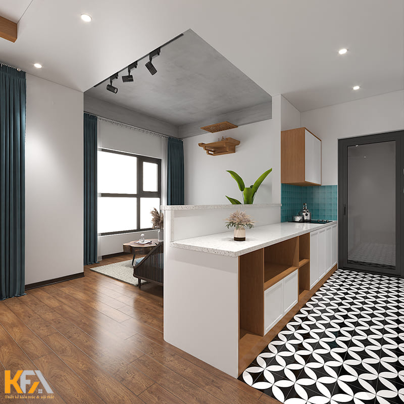 Phòng bếp mở thông thoáng, nền gạch hoa là đặc trưng của phong cách Indochine