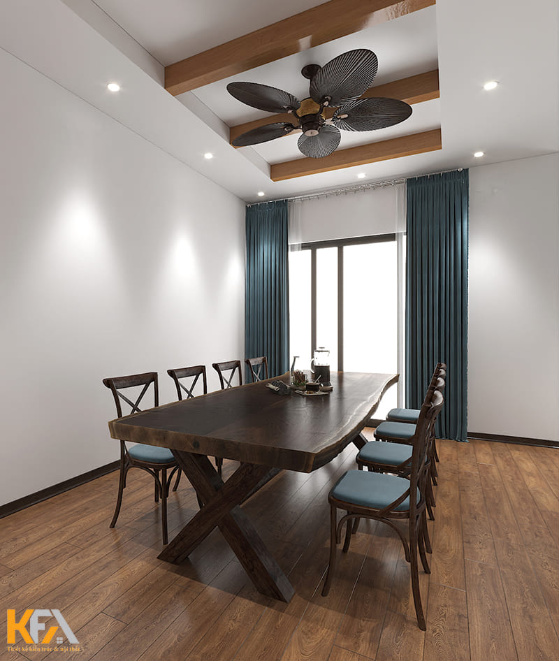 Phòng bếp được decor đơn giản với 2 gam màu chủ đạo là socola và xanh đương đại