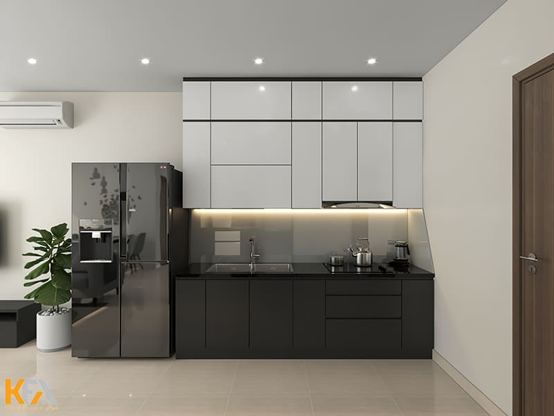 Tủ bếp chữ I gọn gàng được đặt ngay ngắn cạnh cửa chính