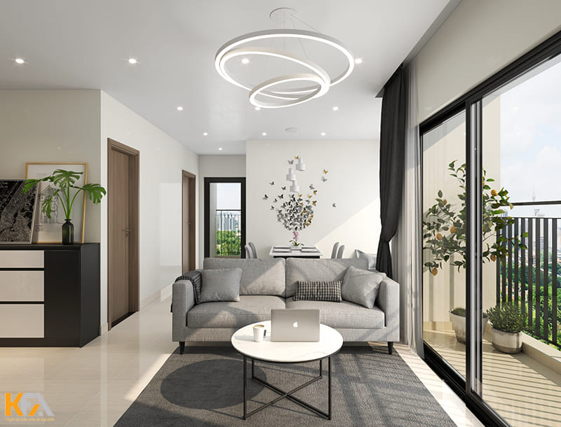 Điểm nhấn của phòng khách là bộ sofa xám nhẹ
