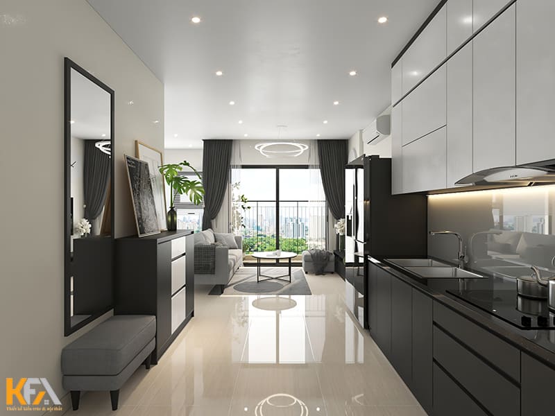 Thiết kế phòng khách liền bếp quen thuộc tại các căn hộ chung cư hiện đại