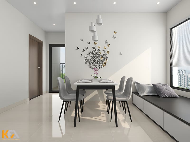 Thiết kế bộ bàn ghế ăn thanh mảnh, đặt gần cửa sổ nên đón được nhiều ánh sáng hơn