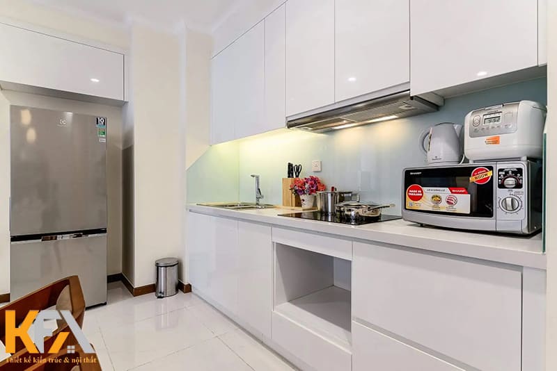 Tủ bếp chữ I chất liệu gỗ công nghiệp là lựa chọn của nhiều căn hộ nhỏ hiện nay