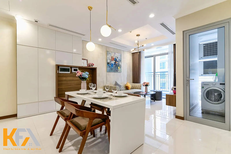 Đảo bếp đồng thời là bàn ăn và có tác dụng đánh dấu, phân chia không gian