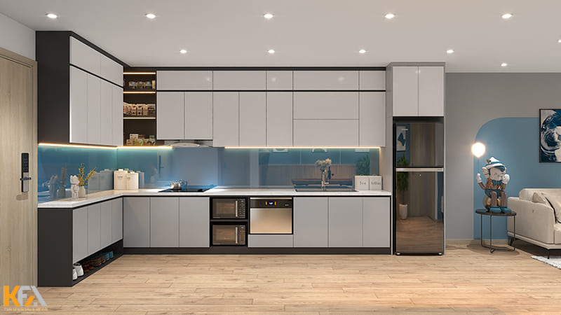 Tủ bếp chữ L tiện nghi và tăng không gian lưu trữ cho không gian nấu nướng