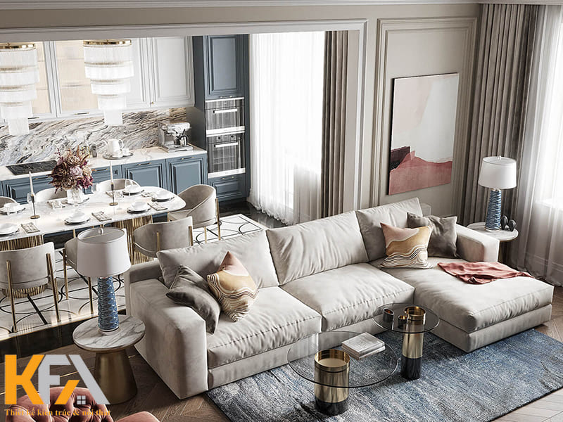 Bộ sofa cao cấp kết hợp với 2 chiếc bàn kính tròn