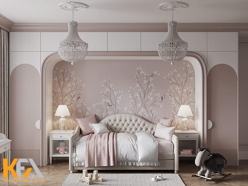 Phòng ngủ của bé gái với tone màu hồng trắng dễ thương