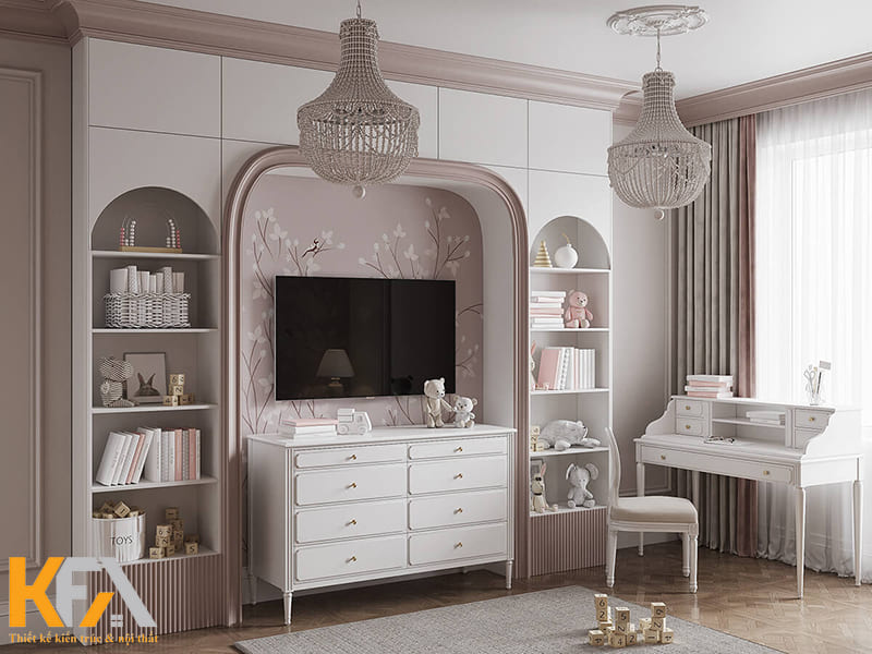 Tủ kệ âm tường giúp bé có thêm không gian vui chơi trong phòng