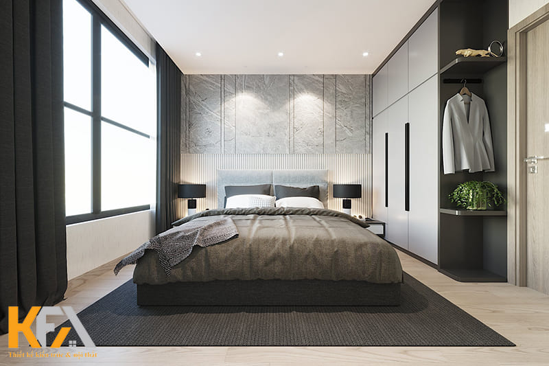 Phòng ngủ phụ có phần trầm hơn nhờ các gam màu trung tính tinh tế