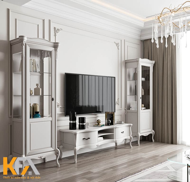 Tủ kệ tivi chất liệu gỗ tự nhiên được phun sơn trắng hài hòa với tổng thể công trình