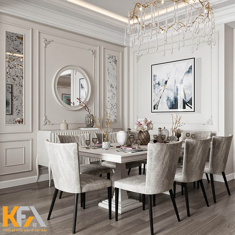 Khu vực phòng ăn được bố trí một bộ bàn ăn 8 ghế sang trọng