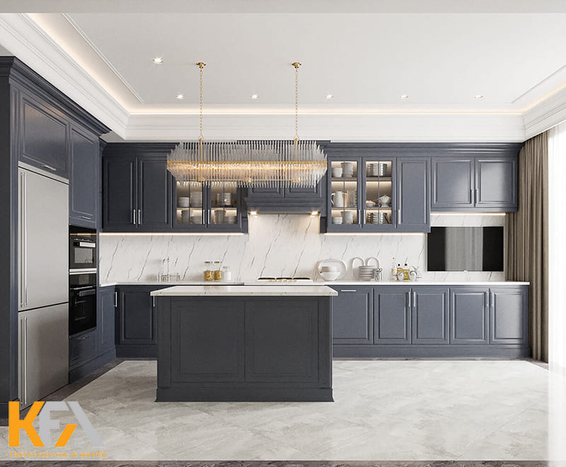 Tủ bếp chữ L và đảo bếp tiện nghi