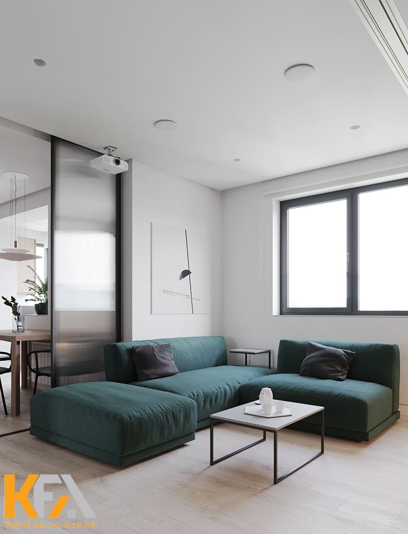 Bộ sofa xanh đậm là điểm nhấn của phòng khách