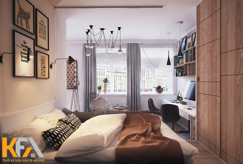 Giường ngủ được bố trí vào một góc gọn gàng, riêng tư