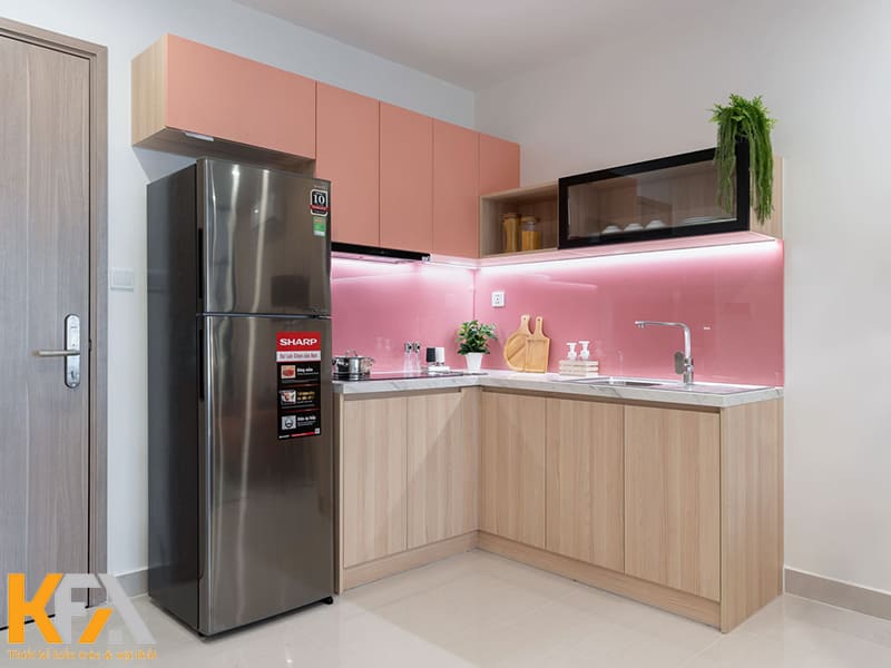 Gạch trơn ốp bếp màu hồng đẹp mắt