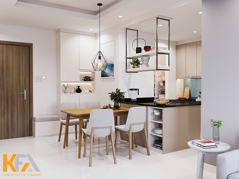 Bố trí bàn ăn 4 người đặt ở giữa phòng khách và phòng bếp