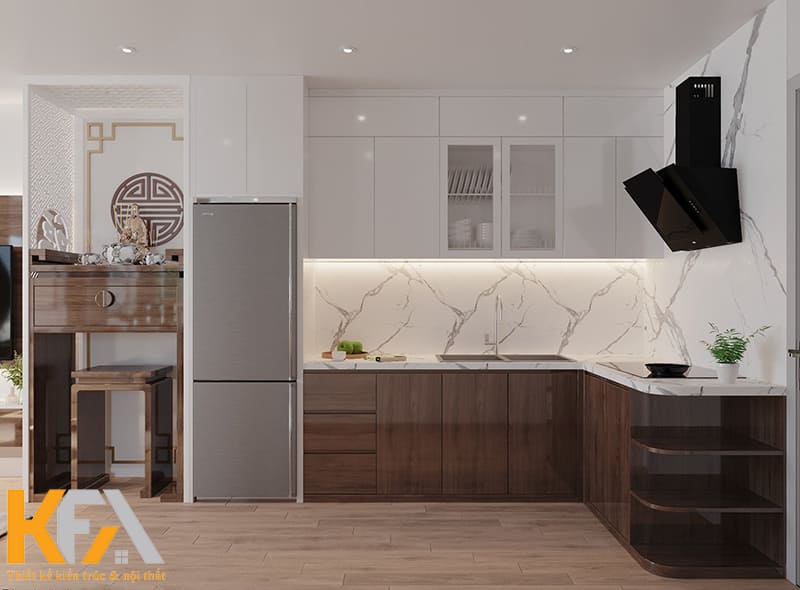 Tủ bếp chữ L phủ Acrylic có độ bóng nhất định
