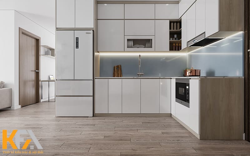 Tủ bếp chữ L kịch trần chất liệu gỗ công nghiệp được các căn hộ hiện nay yêu thích